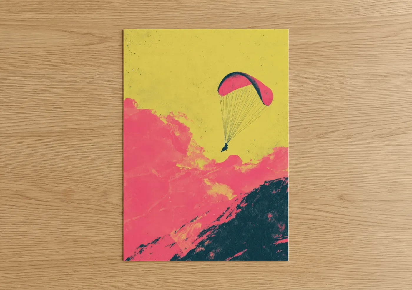 Paragliding art print on warm oak wood — yellow gold and magenta palette — Alpine Paraglider poster