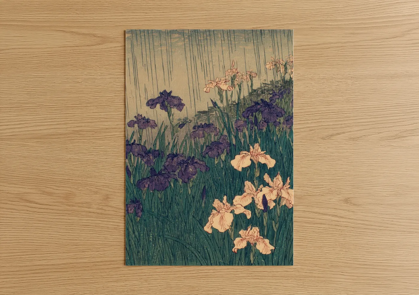 Flower field art print on warm oak wood — purple and cream palette — Purple Iris Garden poster