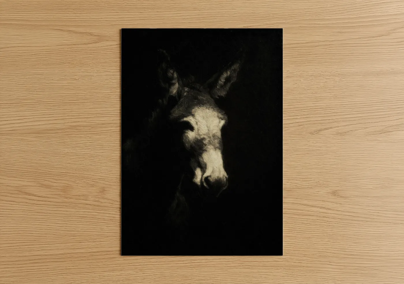 Art print on warm oak wood — black and white and cream palette — Shadowed Mule poster