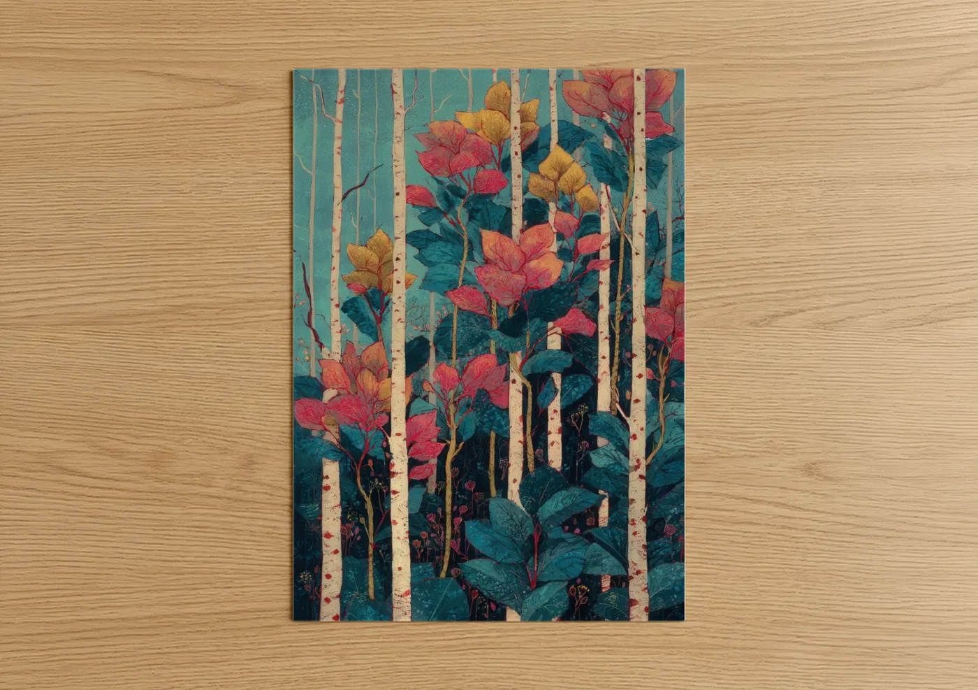 Birch tree art print on warm oak wood — teal and salmon pink palette — Crimson Birch Forest poster