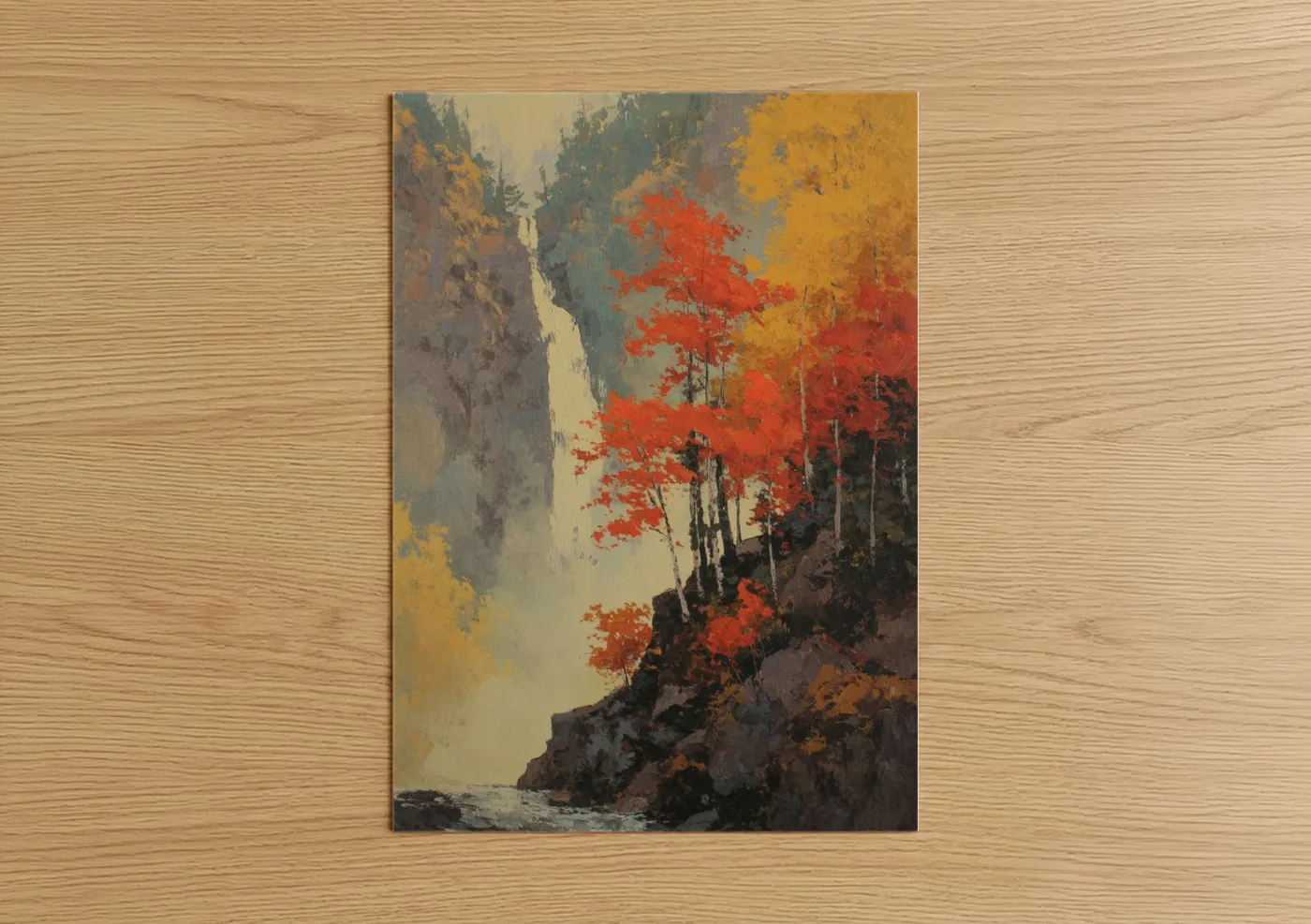 Autumn Cliff Landscape Watercolor Wall Art