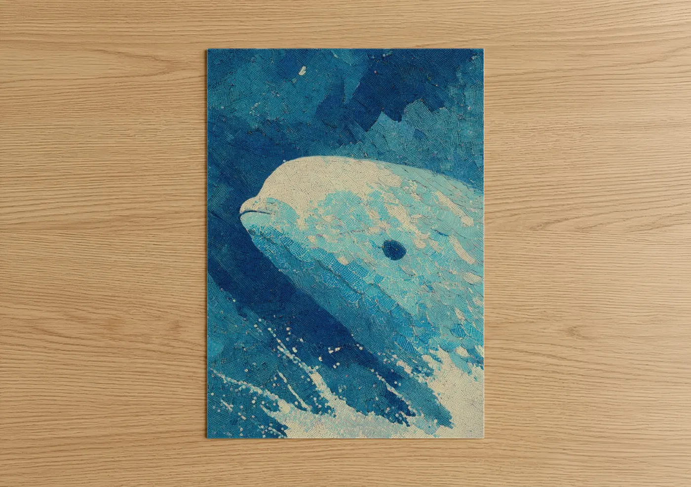 Beluga whale art print on warm oak wood — blue and cream palette — Arctic Beluga poster