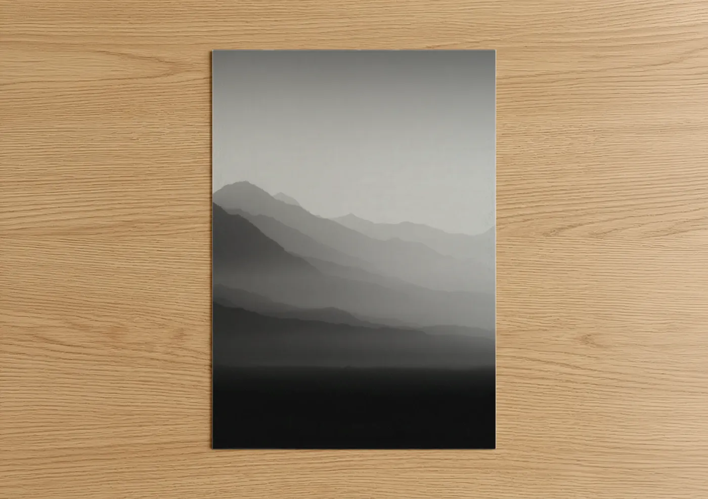 Abstract minimalist art print on warm oak wood — gray and black and white palette — Misty Mountain Layers poster