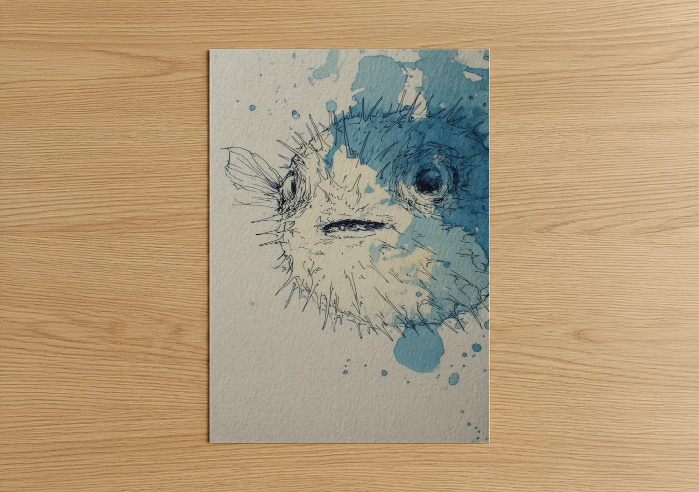 Art print on warm oak wood — blue and white palette — Curious Puffer Fish poster
