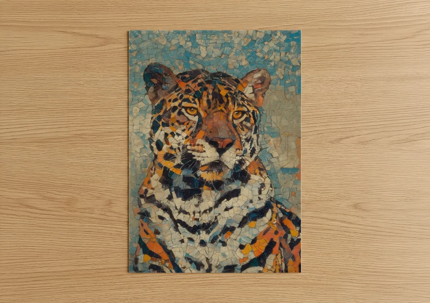 Art print on warm oak wood — orange and blue palette — Mosaic Jaguar poster