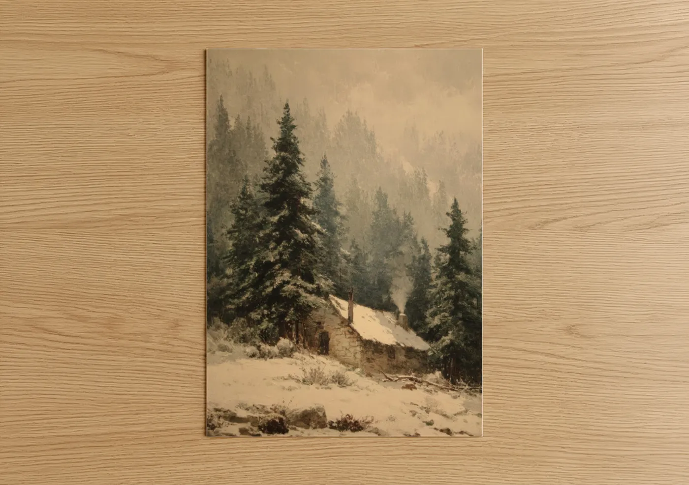 Snowy Mountain Cabin Winter Forest Scene Wall Art