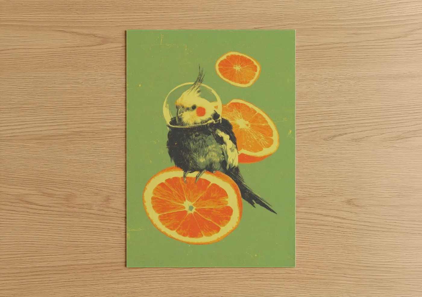 Art print on warm oak wood — light green and orange palette — Citrus Cockatiel poster