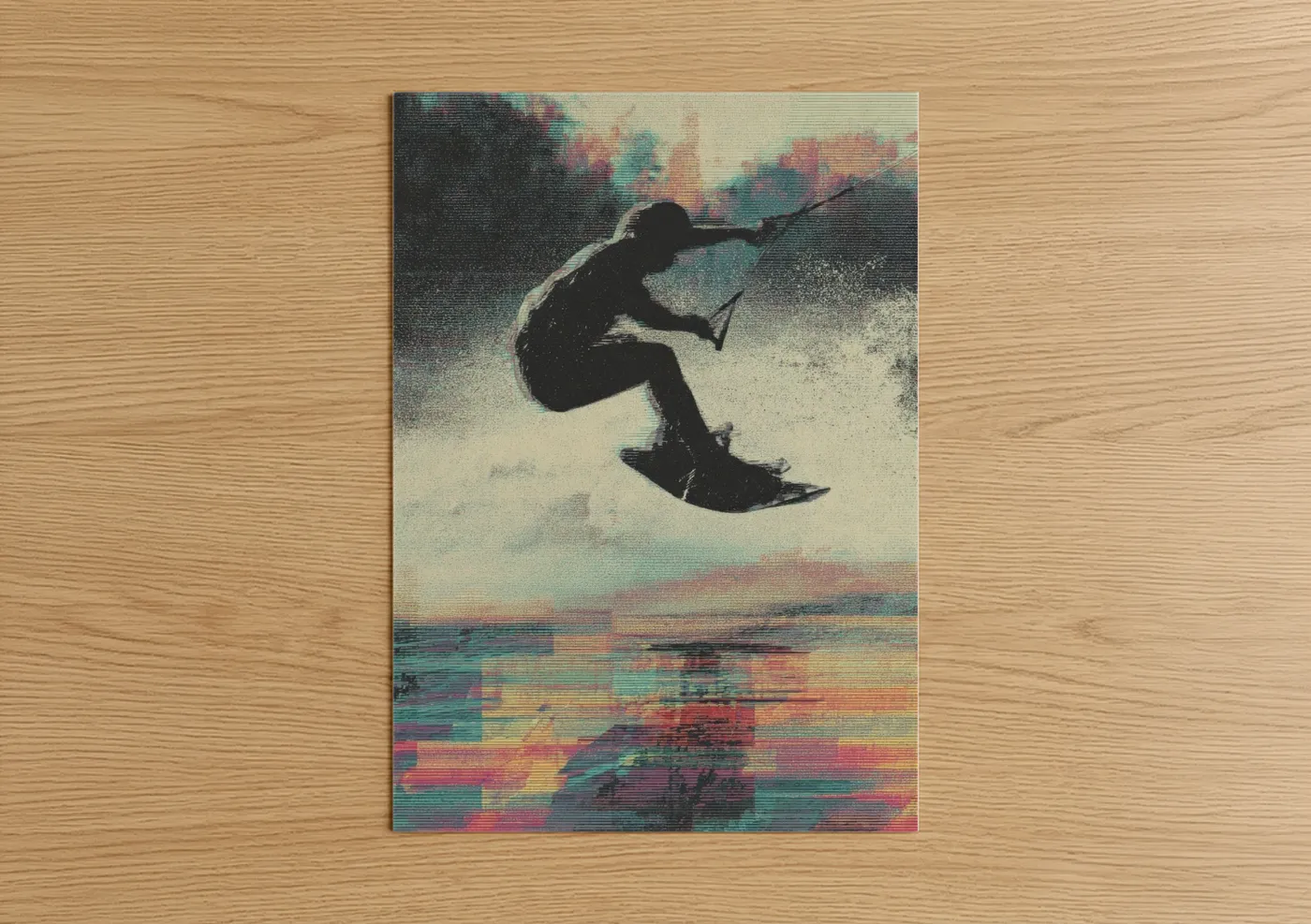 Wakeboarding art print on warm oak wood — teal and pink palette — Airborne Wakeboarder poster