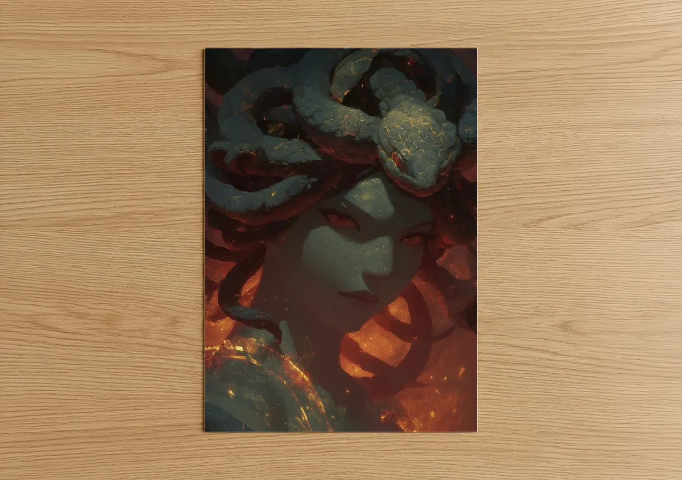 Art print on warm oak wood — teal and red palette — Serpent Medusa poster