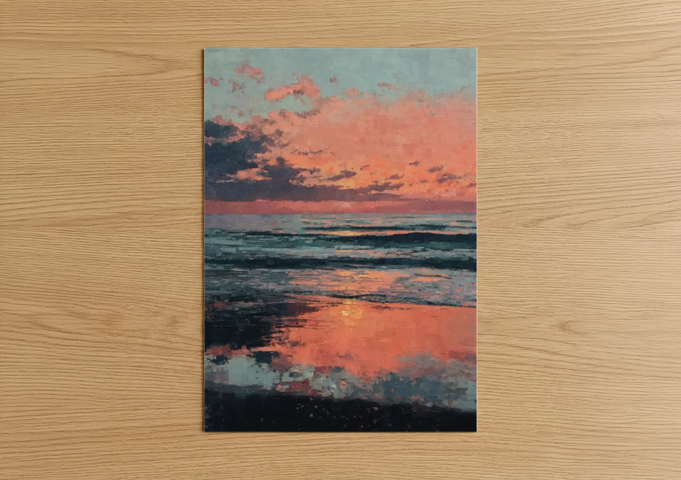 Beach sunrise and sunsets art print on warm oak wood — salmon pink and blue and gold palette — Coral Sunset Seascape poster