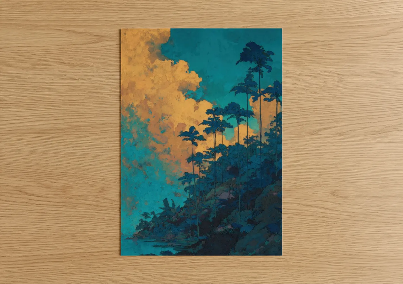 Beach town art print on warm oak wood — gold and teal palette — Tropical Sunset Palms poster