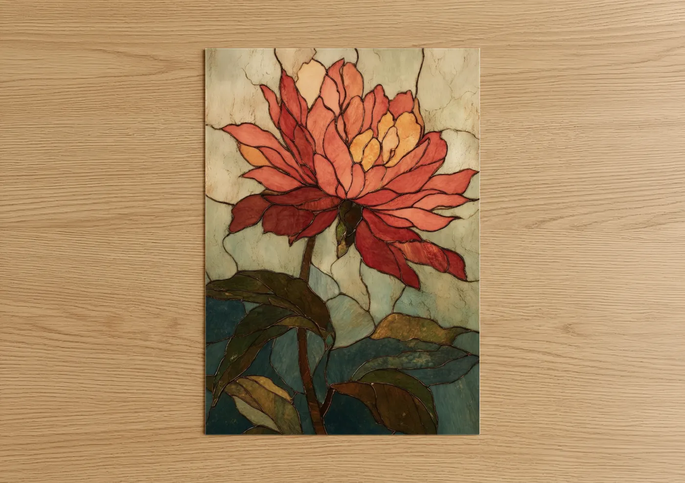 Sunflower art print on warm oak wood — red and gold palette — Crimson Lotus Bloom poster