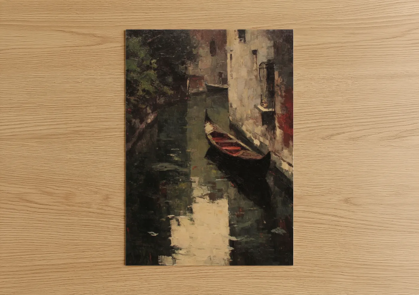 Art print on warm oak wood — sage green and cream palette — Venice Gondola poster