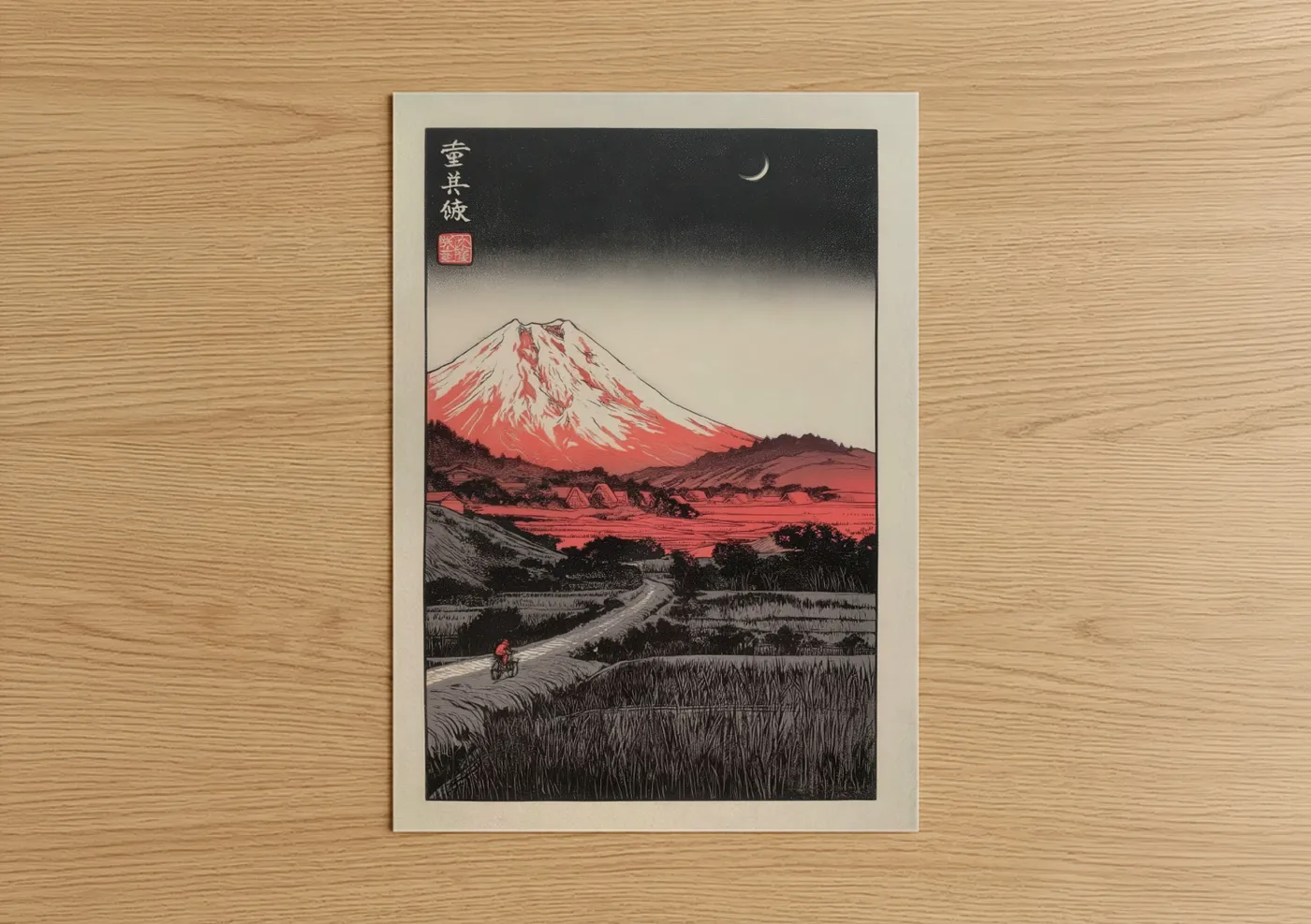 Various landscapes art print on warm oak wood — black and white and red palette — Crimson Mountain Dusk poster