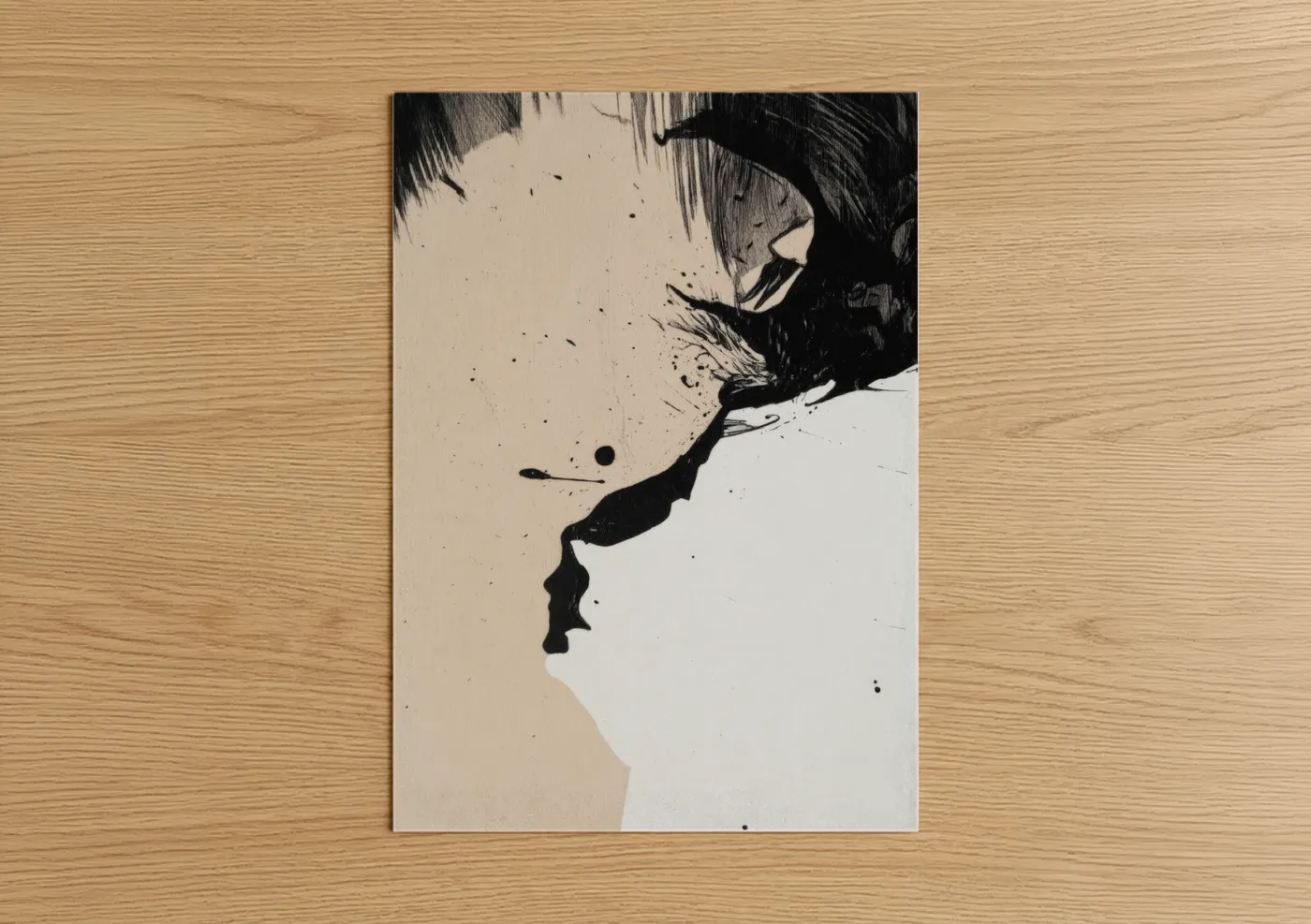 Abstract classic art print on warm oak wood — black and white and cream palette — Contemplative Profile poster