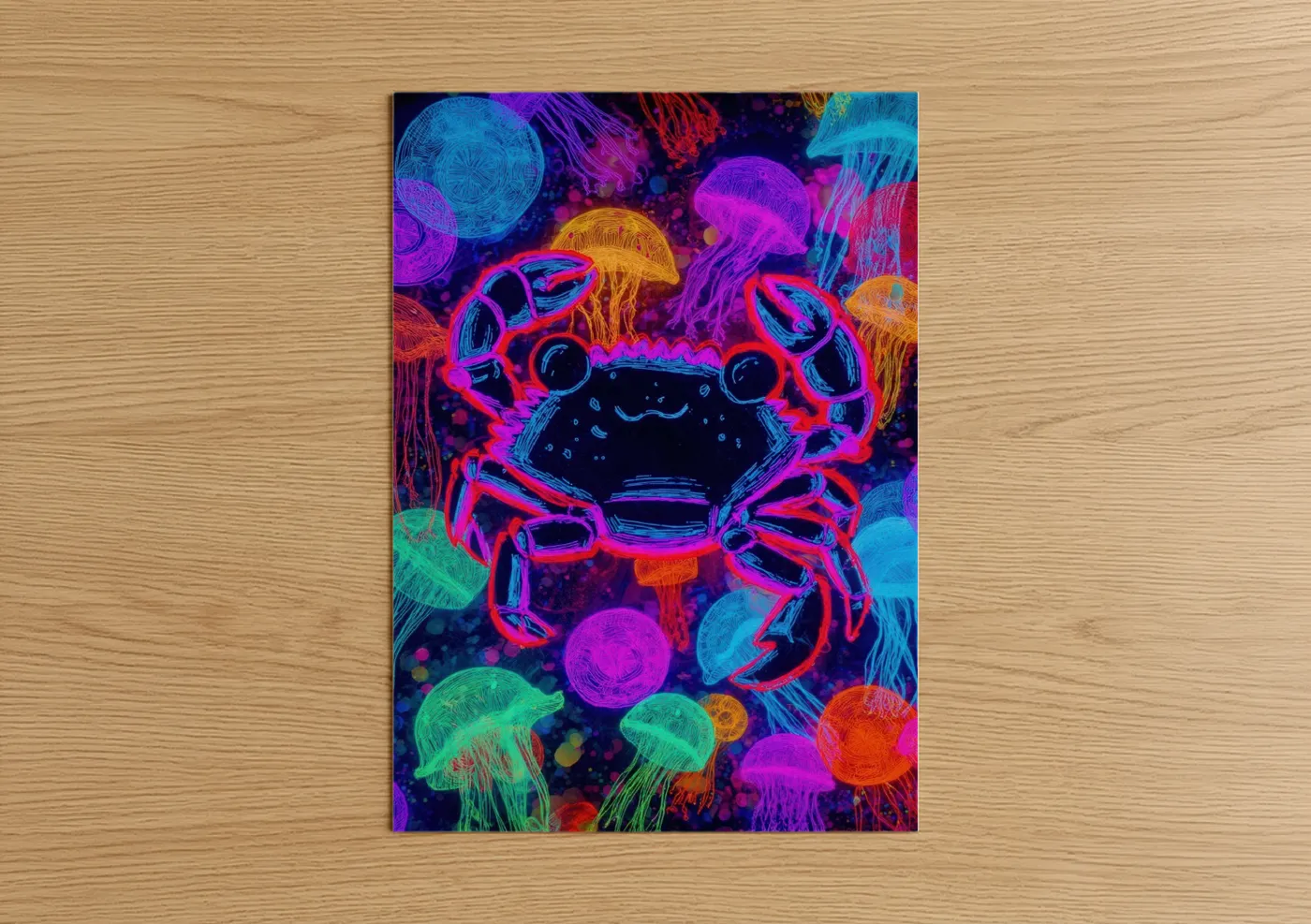 Art print on warm oak wood — magenta and blue palette — Neon Crab poster