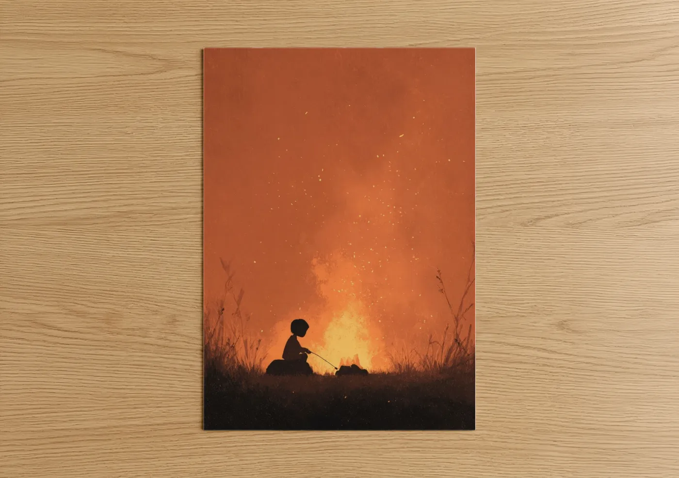 Child Campfire Silhouette Sunset Wall Art