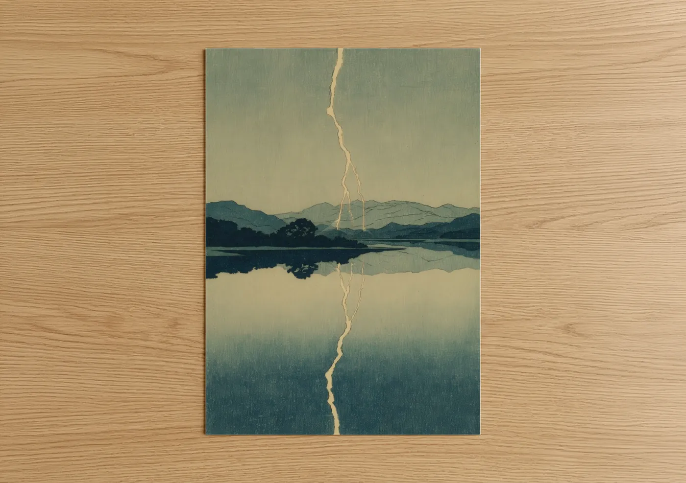 Art print on warm oak wood — sage green and cream palette — Vertical Lightning Strike poster