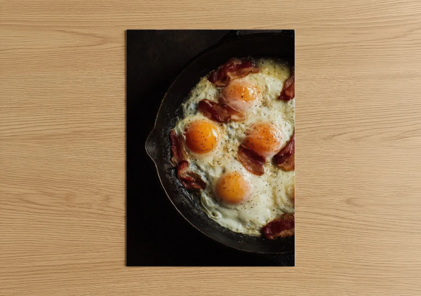 Art print on warm oak wood — gold and black palette — Cast Iron Breakfast poster
