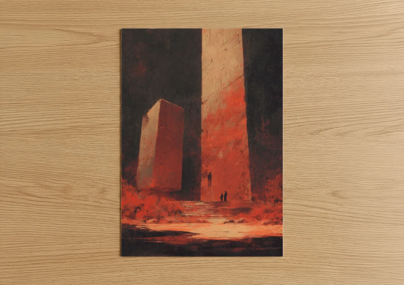Sci-fi art print on warm oak wood — red and black palette — Crimson Tower Ruins poster