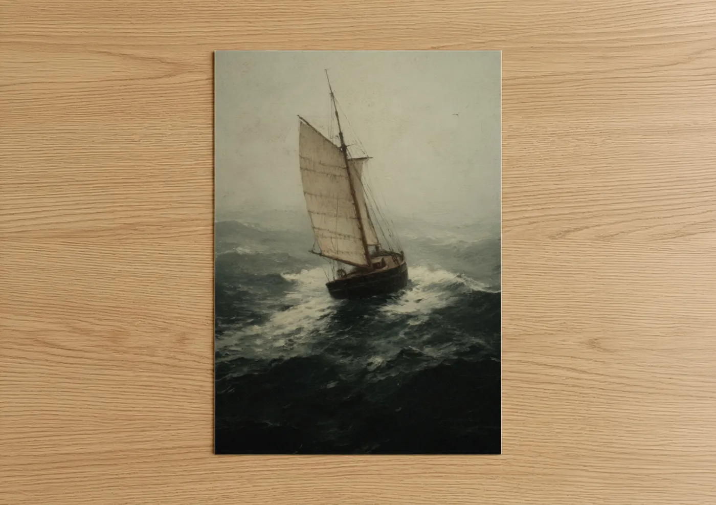 Art print on warm oak wood — gray and black and white palette — Stormy Seas Sailing poster