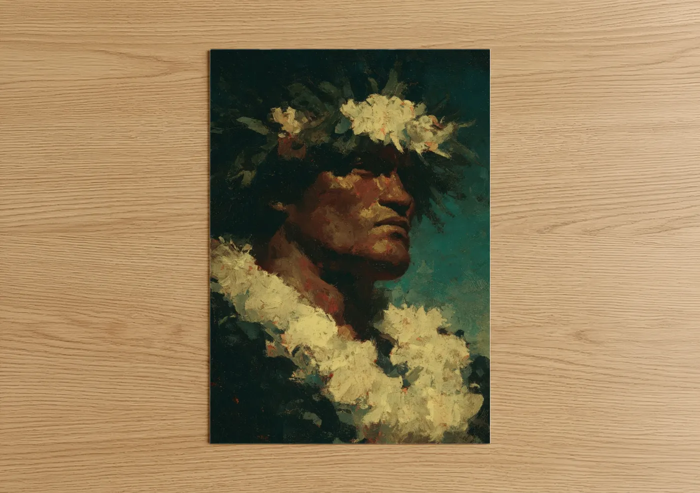 Art print on warm oak wood — teal and gold palette — Floral Hula Dancer poster