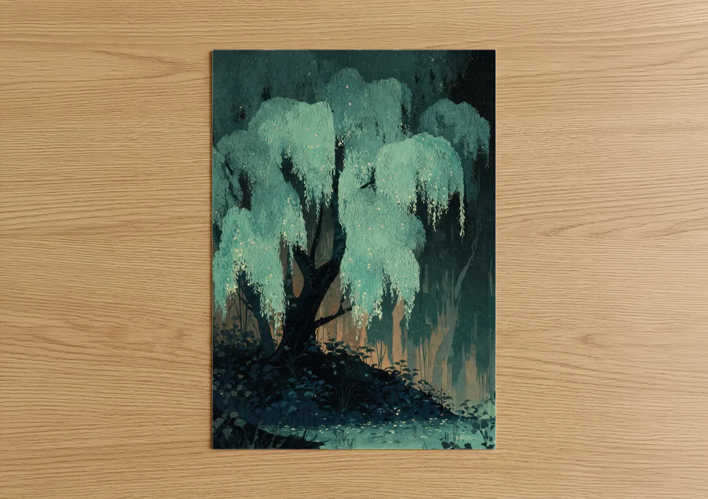 Luminous Willow Tree Twilight Painting Wall Art