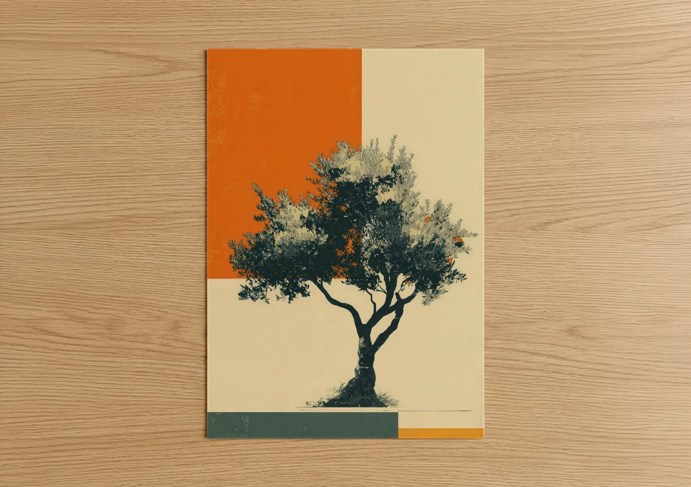 Art print on warm oak wood — orange and cream palette — Golden Olive Tree poster