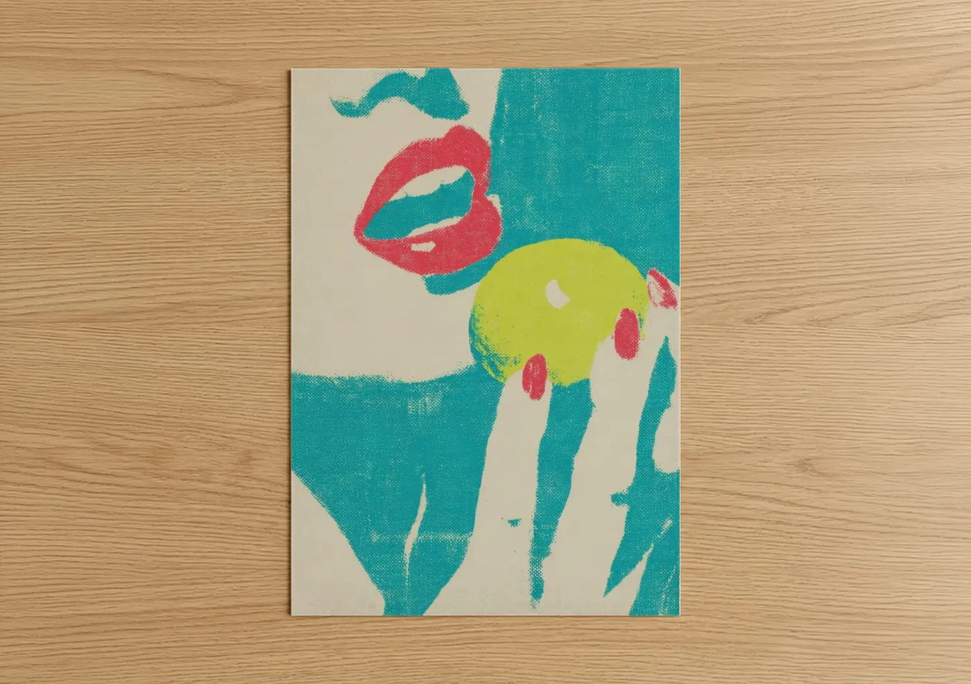 Art print on warm oak wood — teal and magenta palette — Vibrant Lip Pop poster