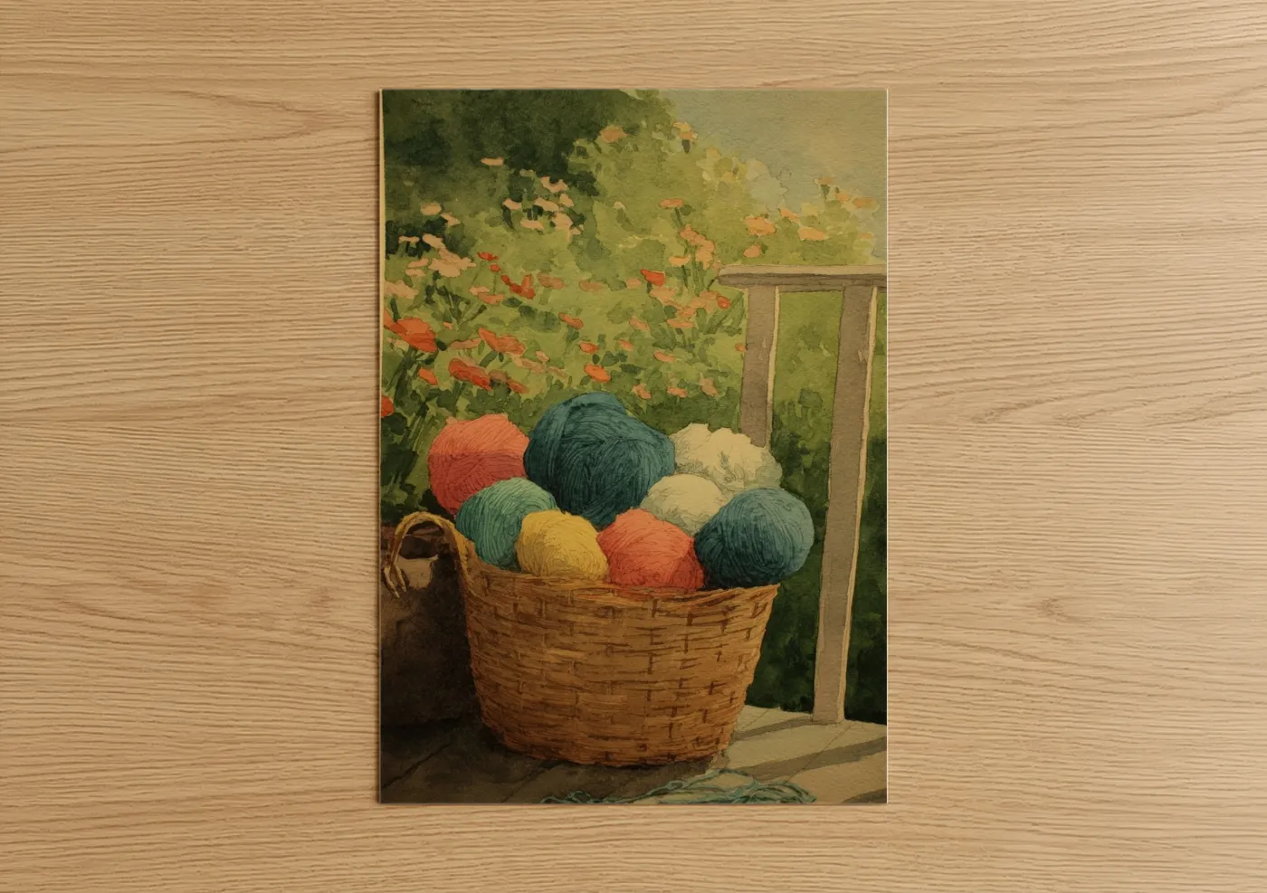 Colorful Yarn Basket Garden Illustration Wall Art