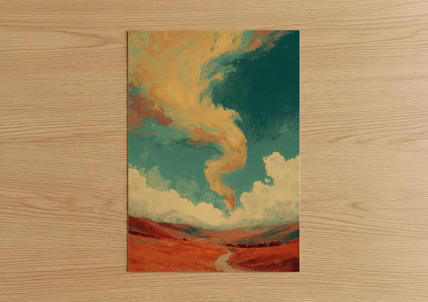 Art print on warm oak wood — teal and russet palette — Crimson Tornado poster
