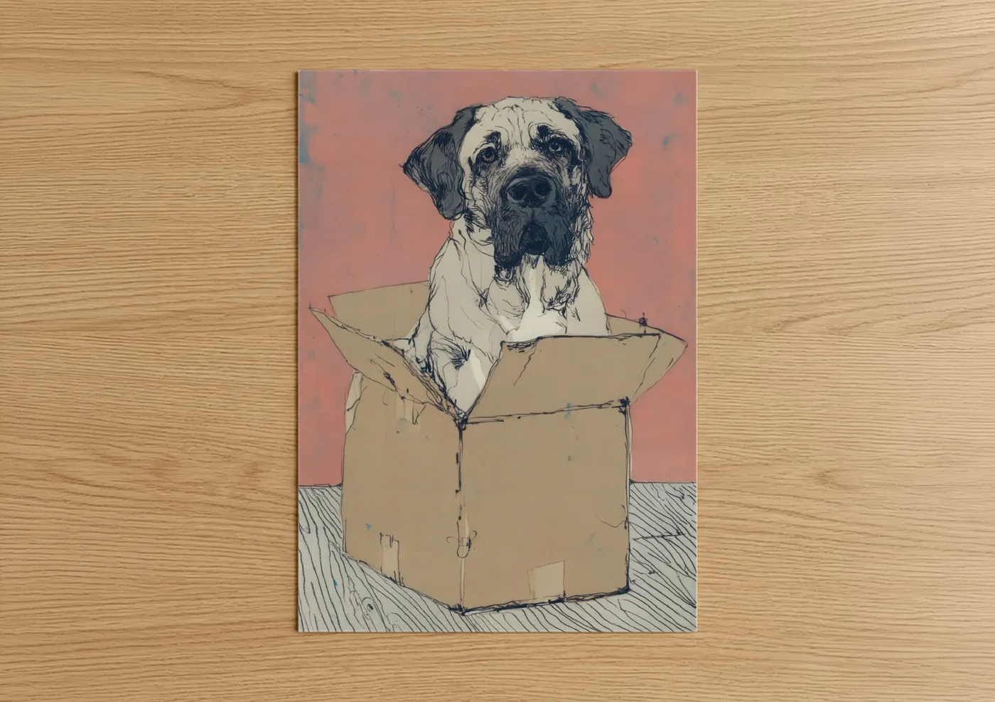 Art print on warm oak wood — salmon pink and black and white palette — Cardboard Mastiff poster