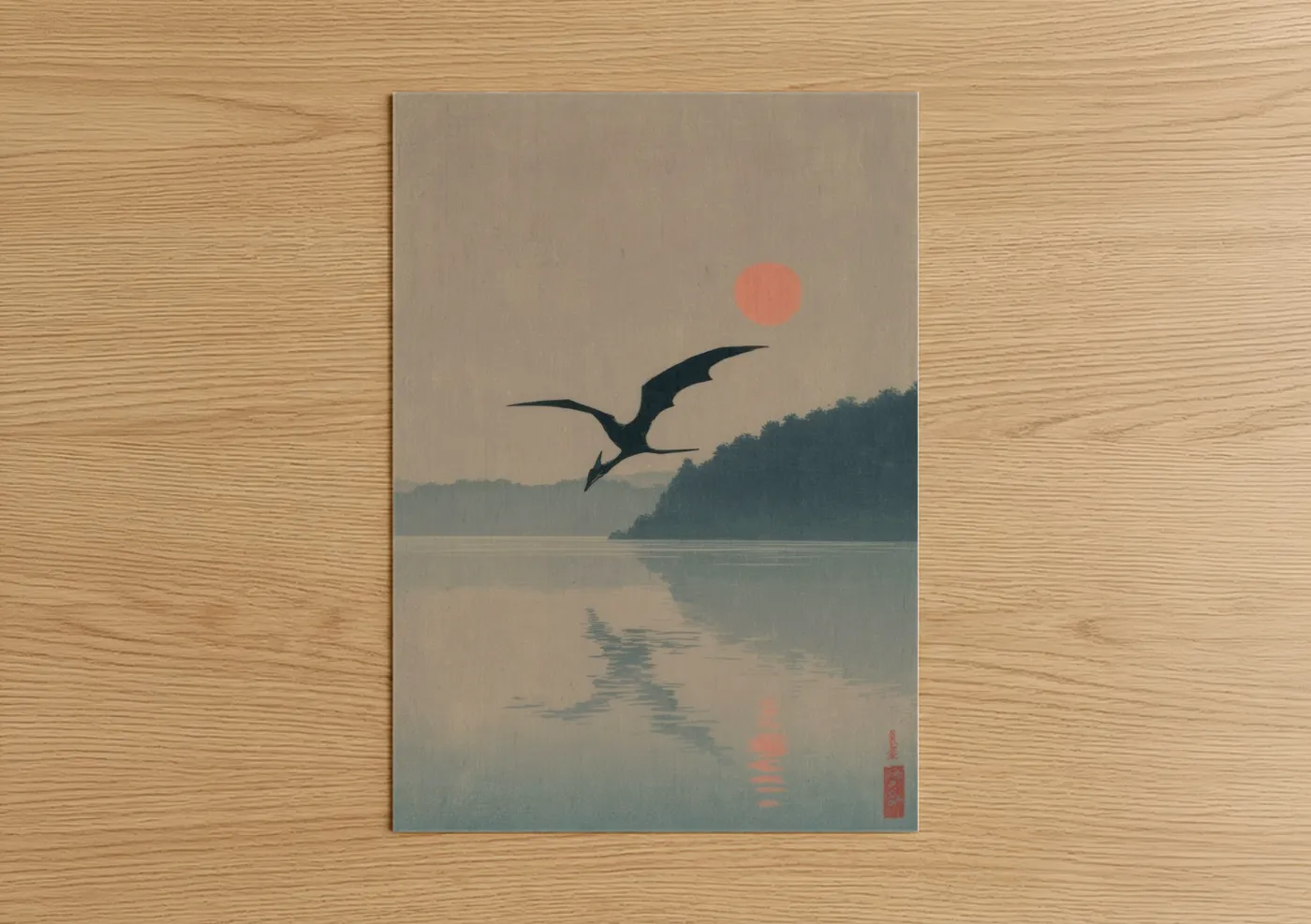 Pterosaur Diving Misty Lake Sunrise Wall Art
