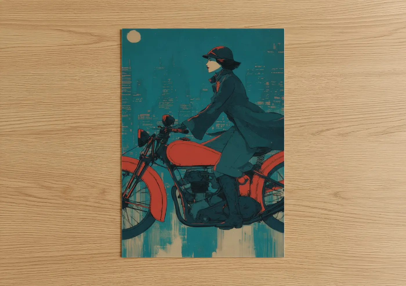 Vintage motorcycle art print on warm oak wood — teal and gold palette — Midnight Rider poster