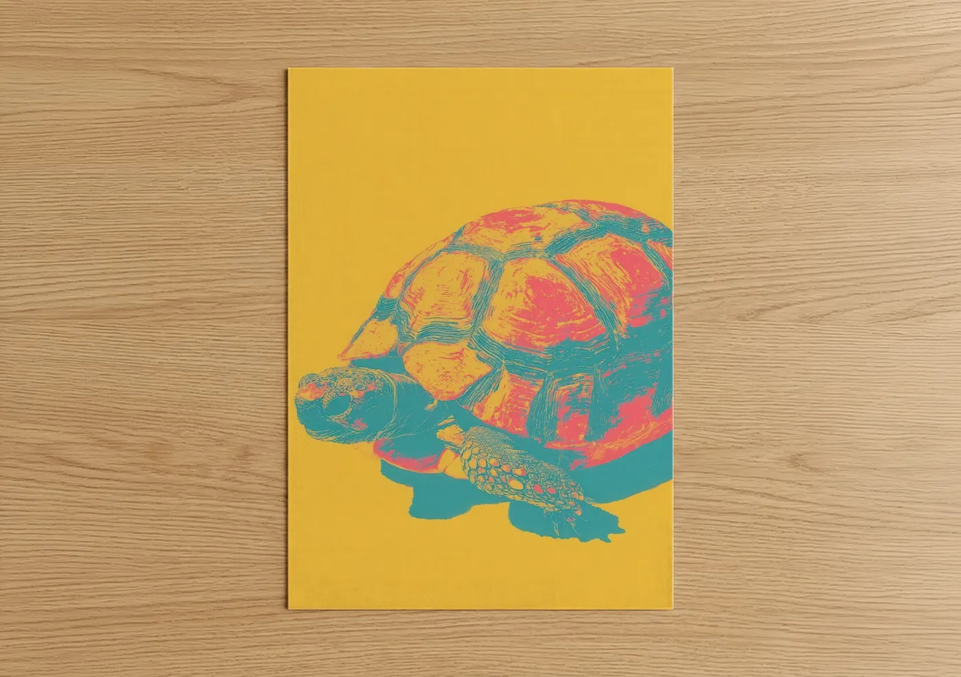 Art print on warm oak wood — yellow gold and teal palette — Vibrant Turtle Portrait poster