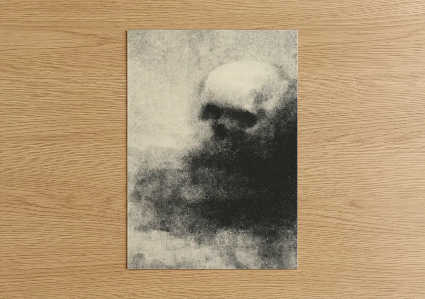 Art print on warm oak wood — black and white and gray palette — Misty Skull poster