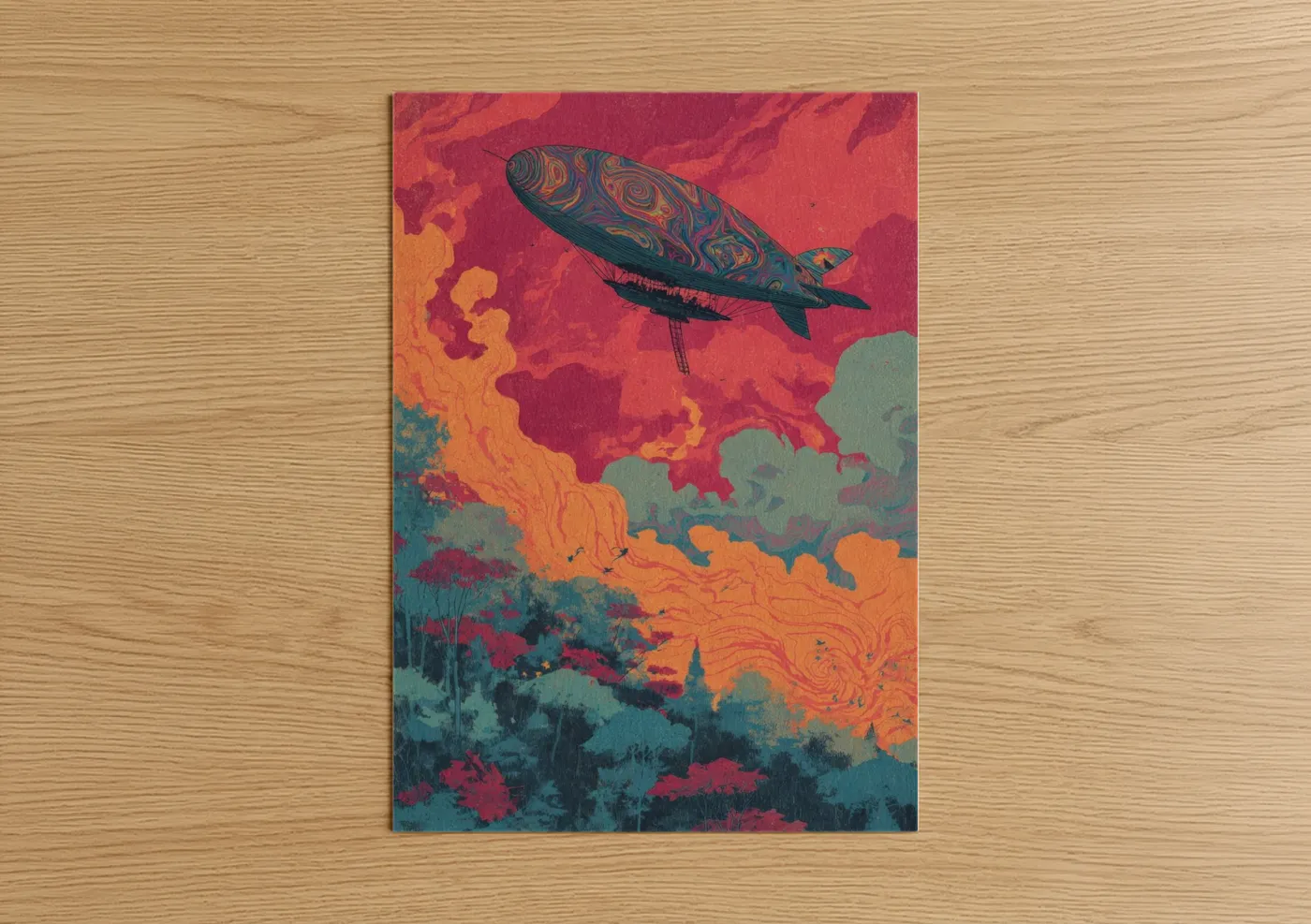 Art print on warm oak wood — red and orange palette — Ornate Airship poster