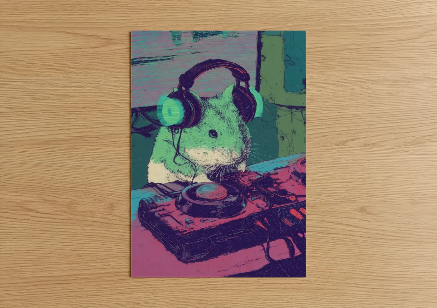 Art print on warm oak wood — magenta and turquoise palette — DJ Hamster poster