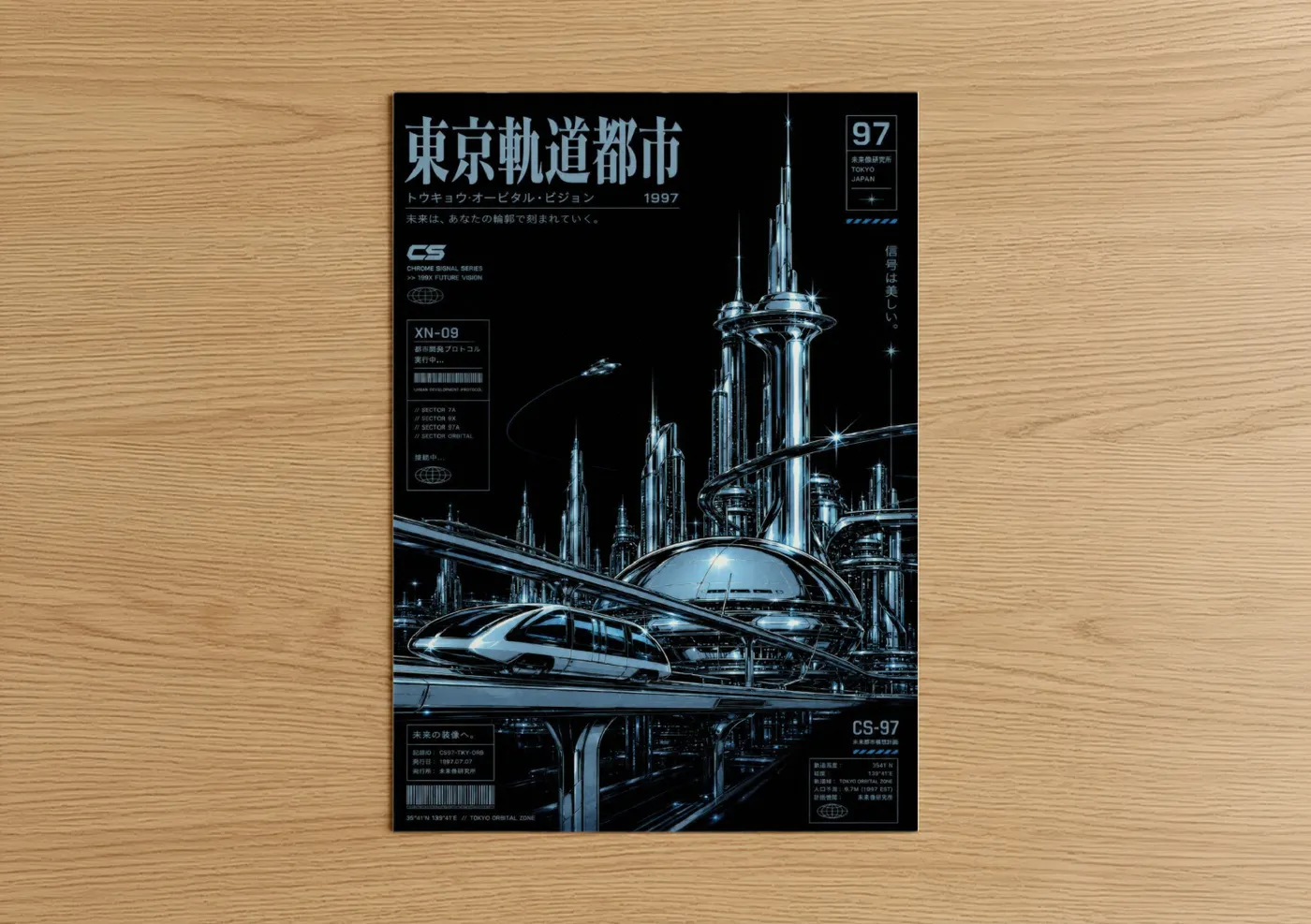 Skyscraper art print on warm oak wood — blue and black palette — Futuristic Tokyo Cityscape Wall Art poster