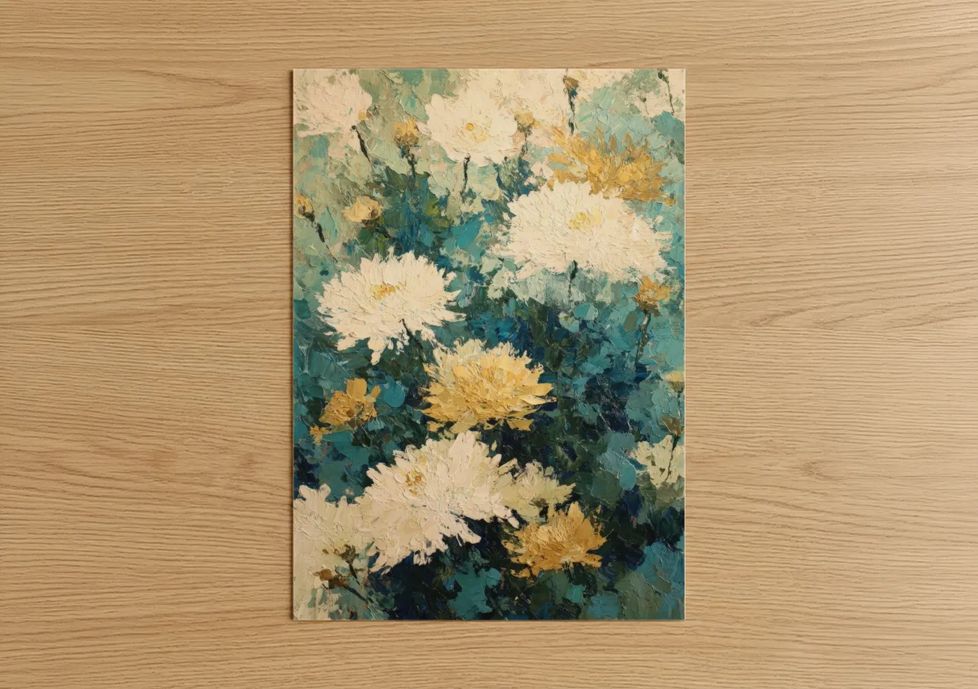 Art print on warm oak wood — teal and gold palette — Teal Chrysanthemums poster