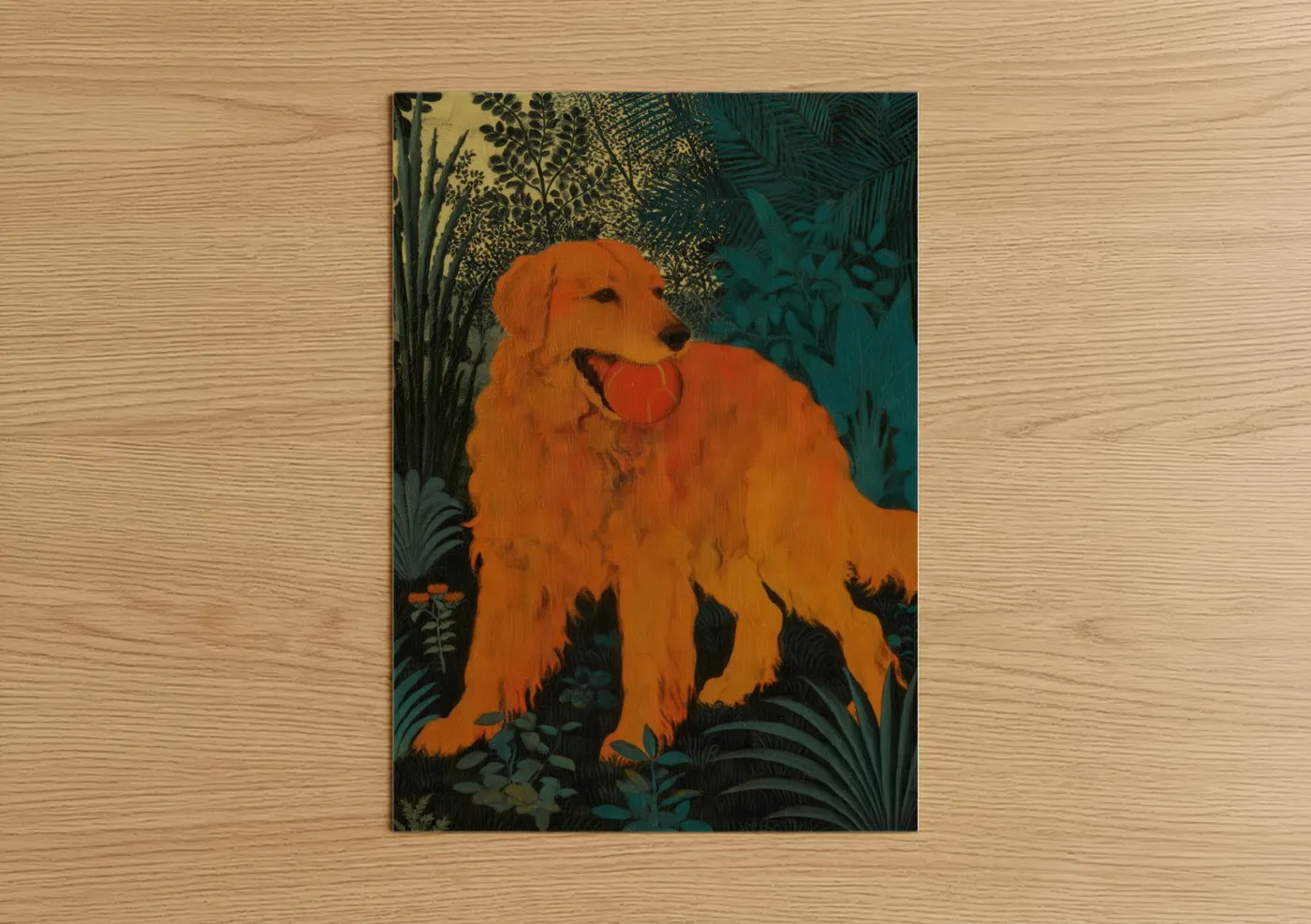 Art print on warm oak wood — orange and teal palette — Golden Spitz Companion poster