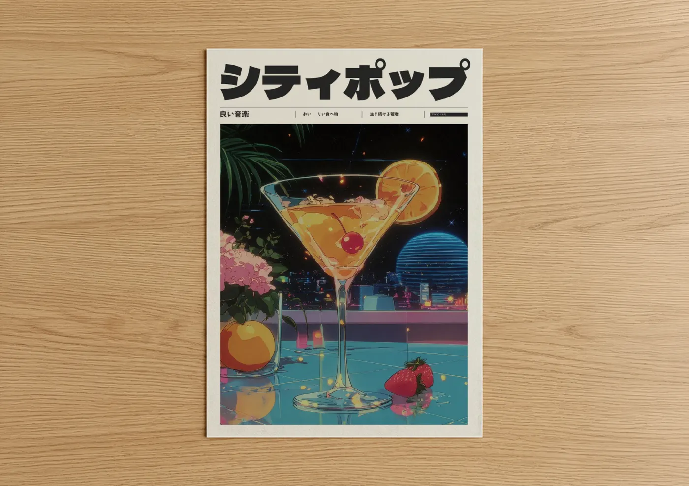 Anime and manga art print on warm oak wood — gold and blue palette — Neon Cocktail Night poster