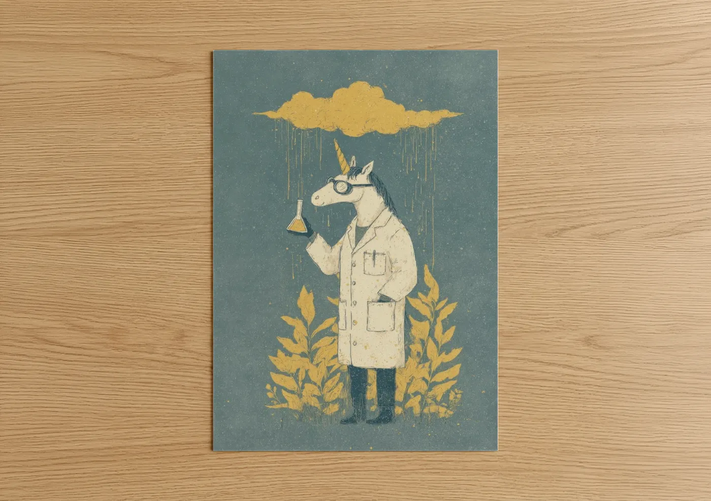 Unicorns art print on warm oak wood — gold and teal palette — Scientist Unicorn poster