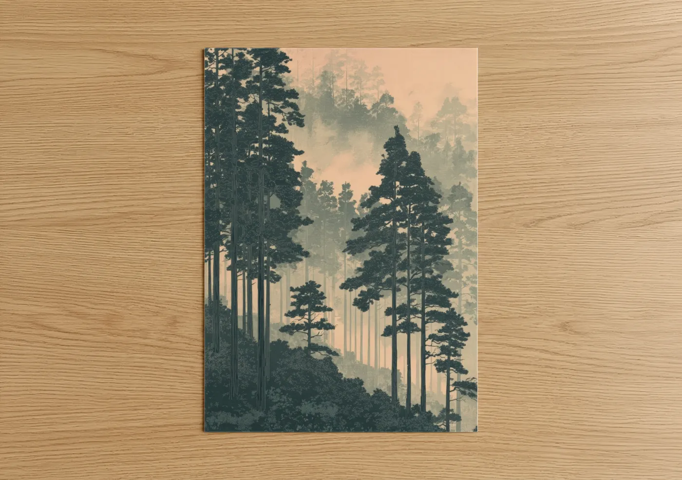 Art print on warm oak wood — blue and cream palette — Misty Pine Forest poster