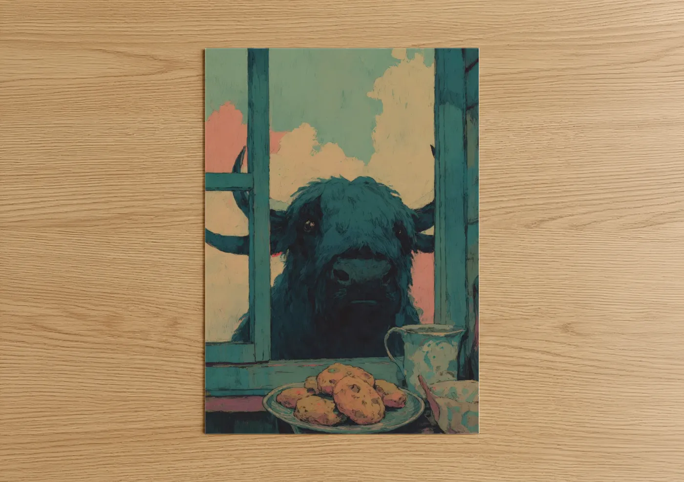 Art print on warm oak wood — teal and peach palette — Window Yak poster
