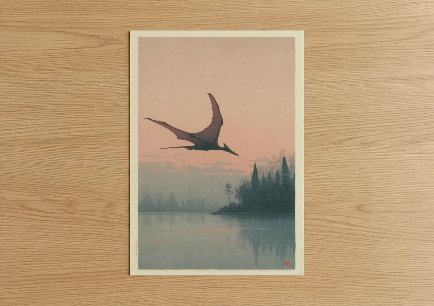 Dinosaur art print on warm oak wood — peach and sage green palette — Pterosaur Dawn poster