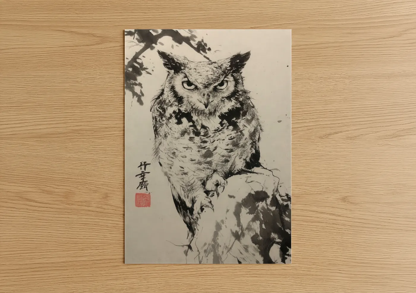 Art print on warm oak wood — black and white palette — Watchful Owl poster