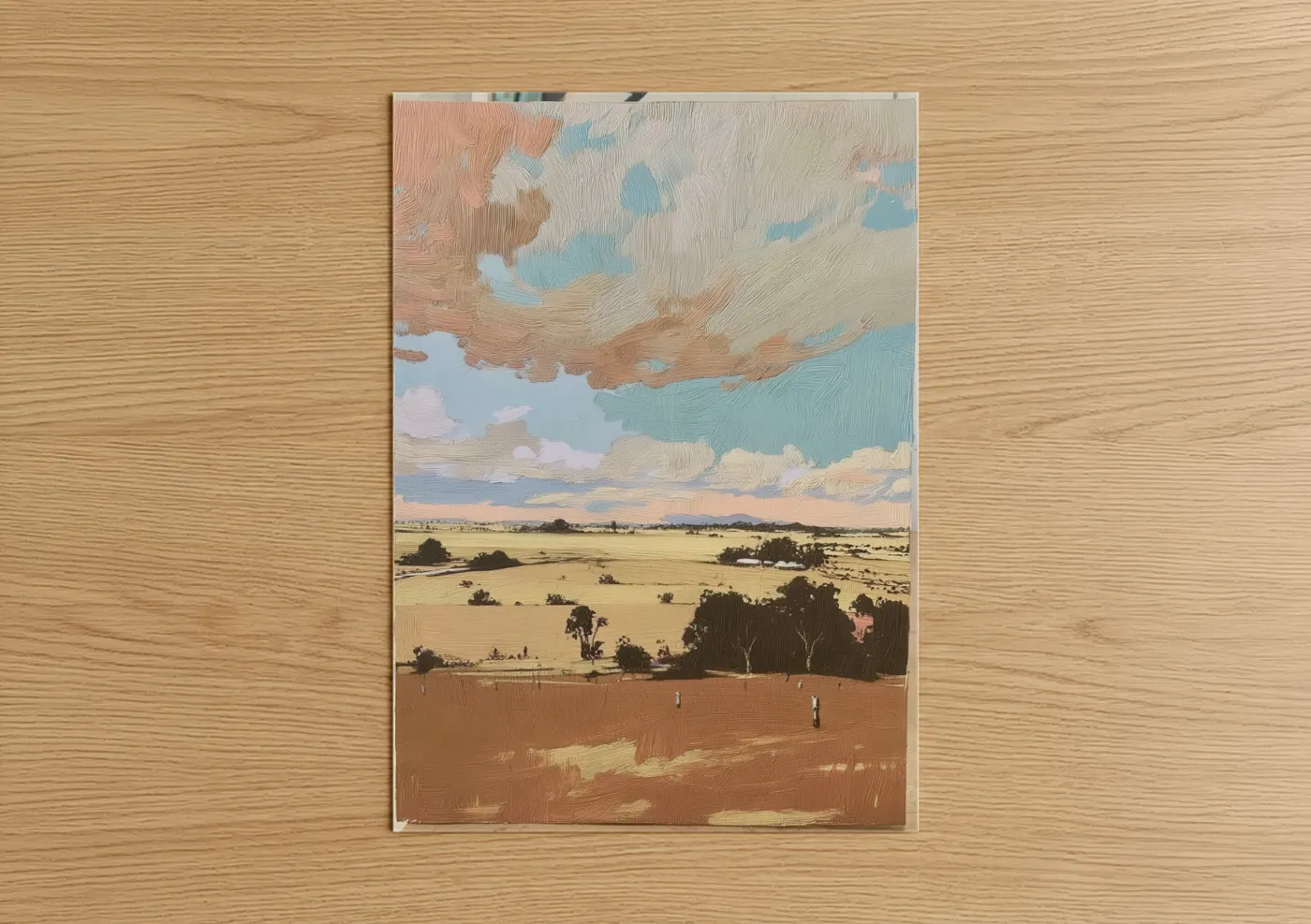 Various landscapes art print on warm oak wood — gold and blue and white palette — Golden Valley Expanse poster