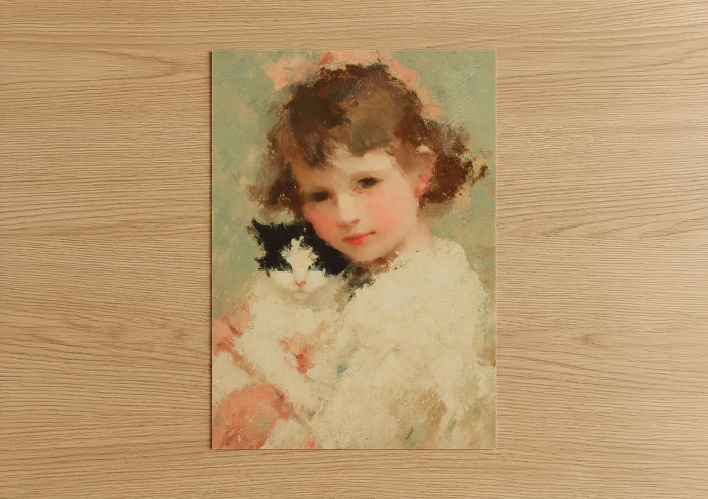 Girl With Black and White Kitten Portrait Wall Art