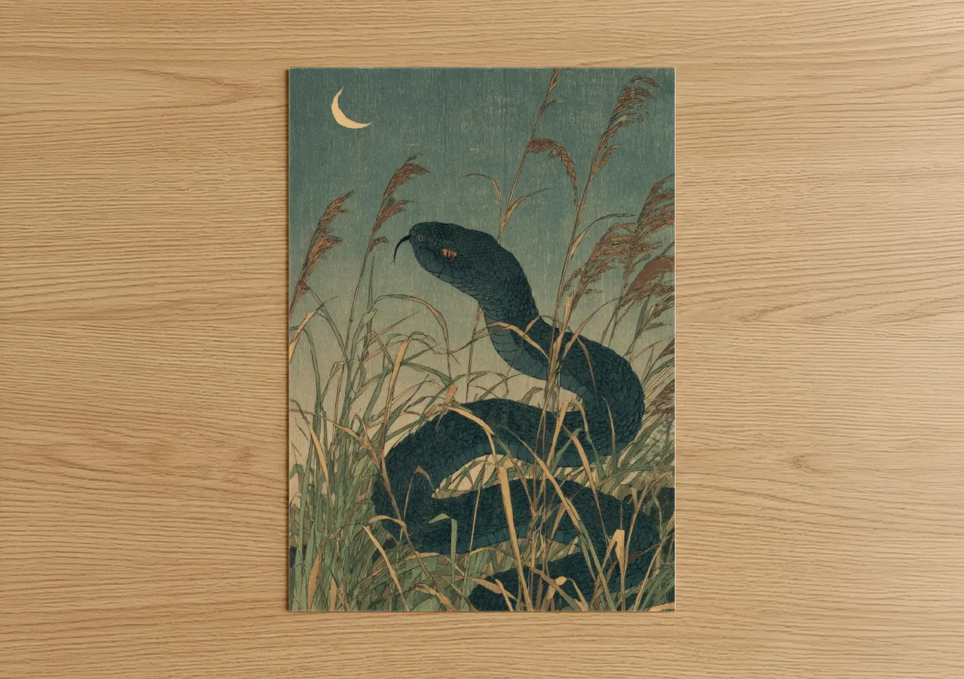 Art print on warm oak wood — dark green and gold and white palette — Moonlit Rattlesnake poster